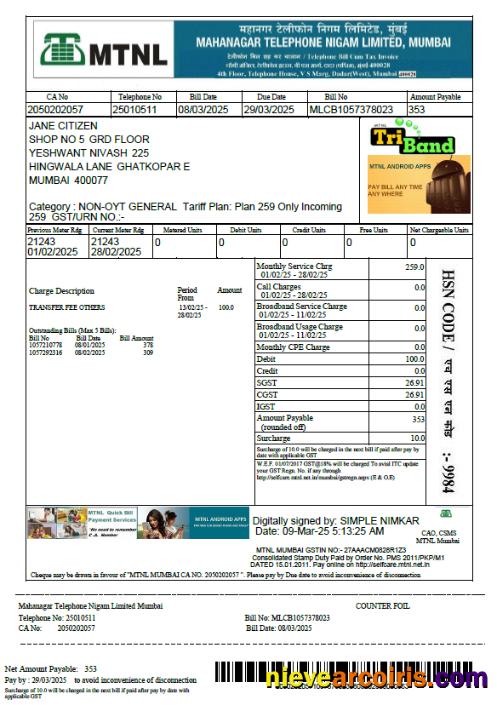 India Mahanagar Telephone Nigam utility bill
